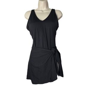 Tempt Me Swim Dress Womens Large Black One Piece Wrap Skirt V-Neck Adjustable